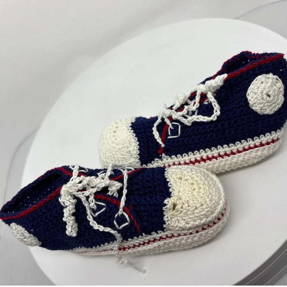 Handmade Crochet Baby Shoes High Top Sneaker Navy Blue White‎ Red Baby Shower